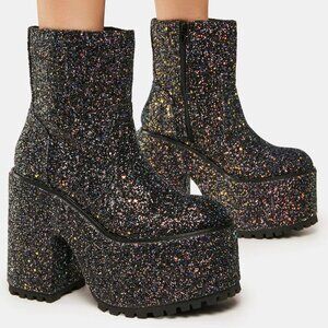 YRU Black Multi-Glitter Platform Ankle Boots